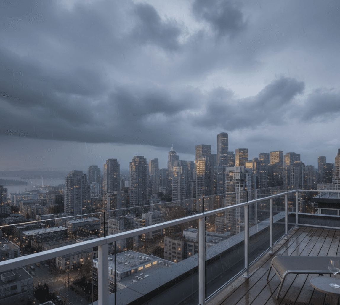 First-person view standing on covered townhouse deck, frameless glass railings with rain droplets, Vancouver skyline through light rain, dramatic grey clouds, reflective wet surfaces, atmospheric West Coast mood, cinematic real estate photography