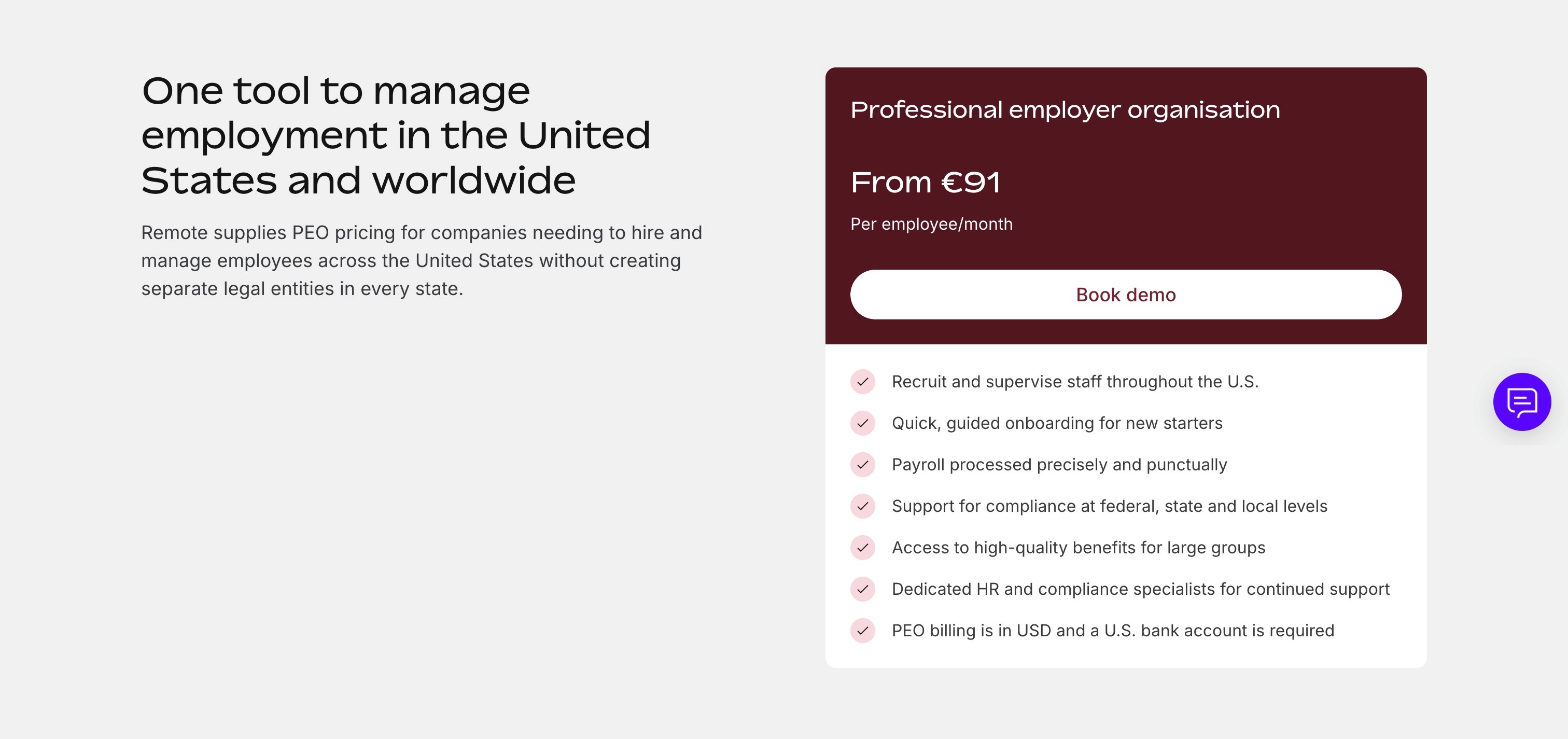 [SCREENSHOT NEEDED: Remote, the PEO pricing tier with the US bank account requirement visible]
