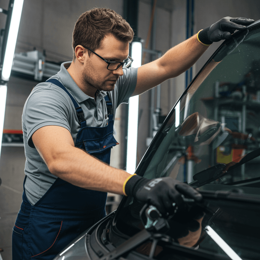 Technician installing a new windshield on a car in Tarpon Springs, Florida