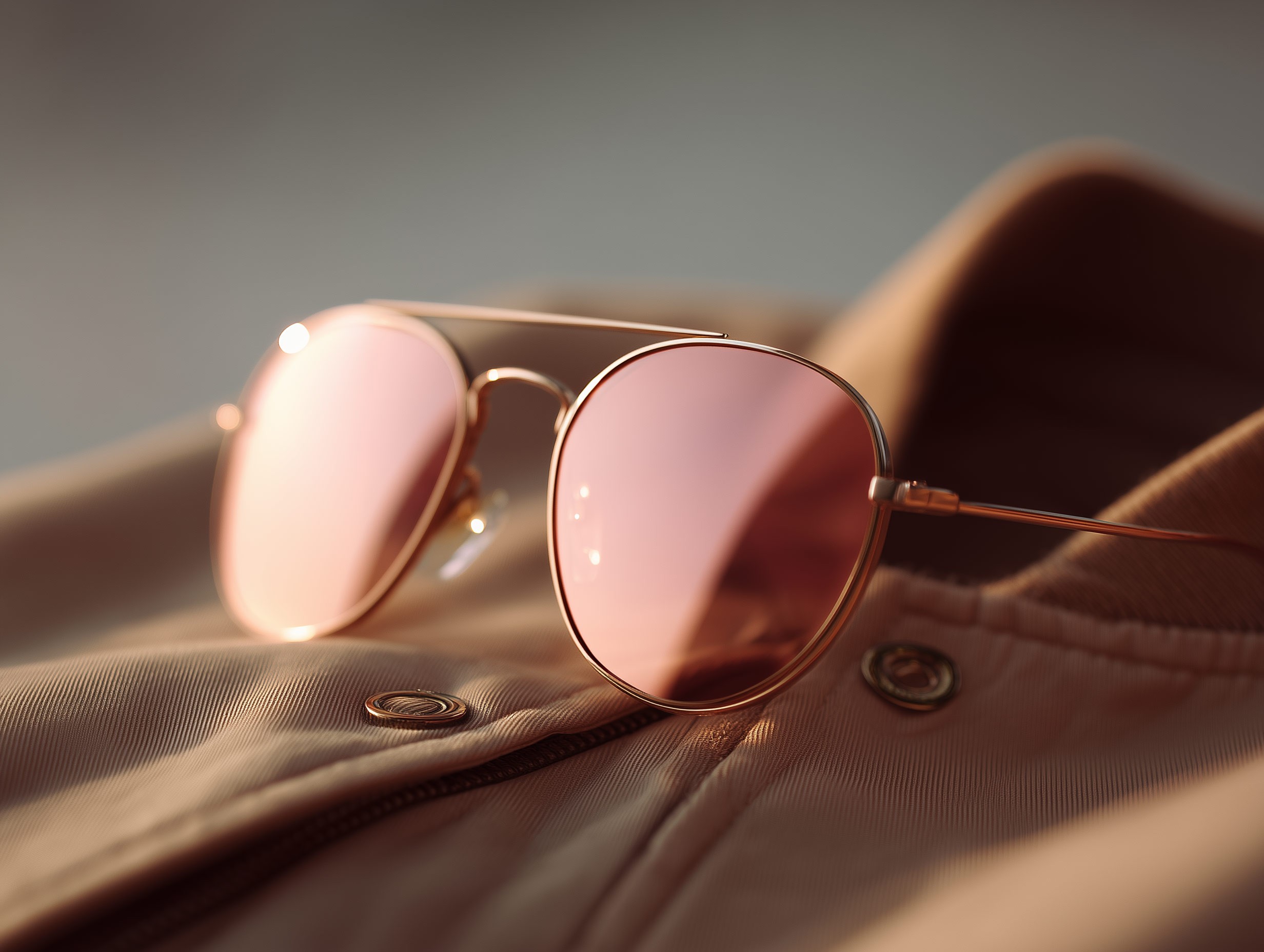 Close-up of rose gold sunglasses on brown leather surface
