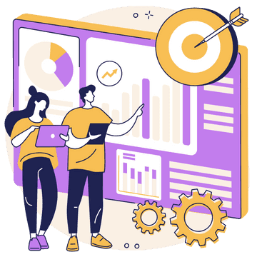 Illustration of two people analyzing charts and graphs on a large screen, with gears and a target symbol with an arrow in the background.