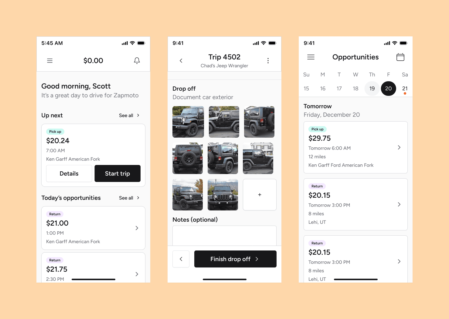 3 screens from the Zapmoto driver app