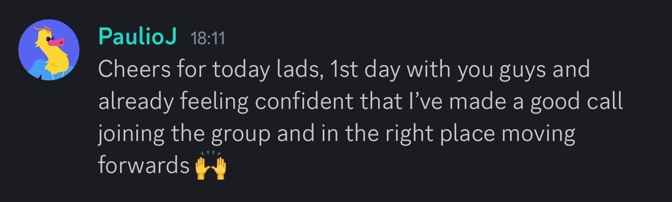 Text testimonial from Evo X member PaulioJ sharing positive first day experience, confident about joining Evo X group