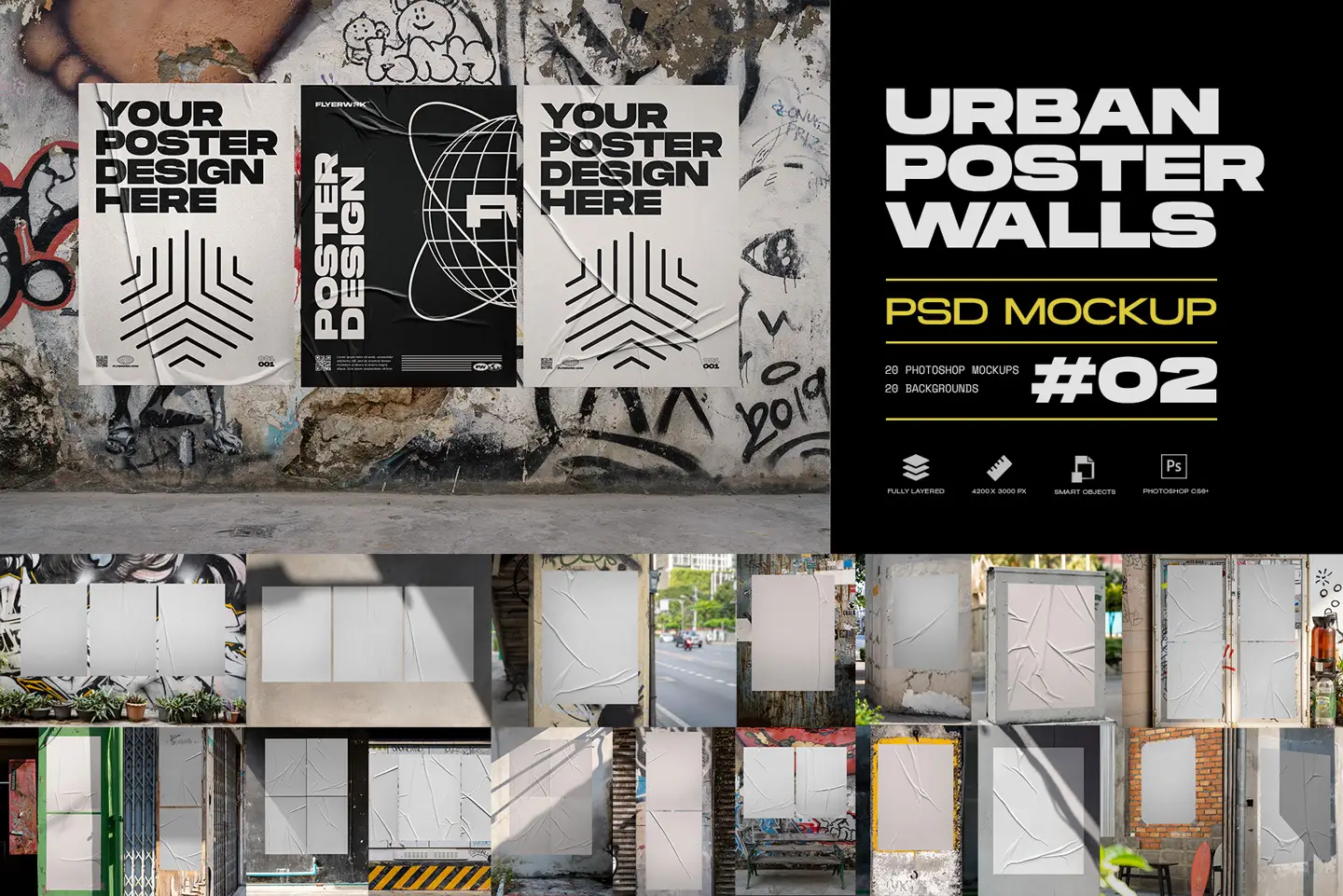Urban poster wall mockups collection with posters placed on graffiti covered street wall