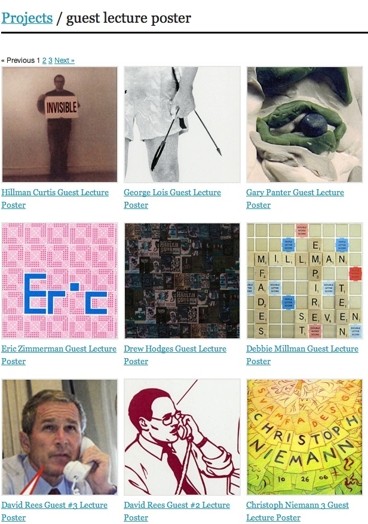 Multiple lecture posters showing: a man with a card, some pink fractal design, a scrabble game, a president, a sketched man talking on the phone, cards with letters and other art works.