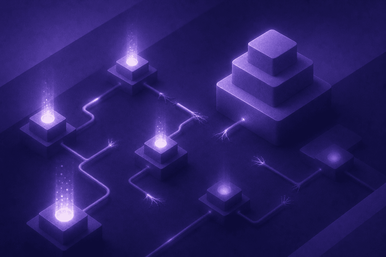 A dark, moody illustration of a fragmented B2B sales pipeline: several glowing data nodes connected by broken, frayed wires and disconnected pathways, floating in a dark blue digital space. Some nodes pulse with activity while others sit cold and inactive, representing leads going cold and signals going unread. Abstract, no text, cinematic lighting.