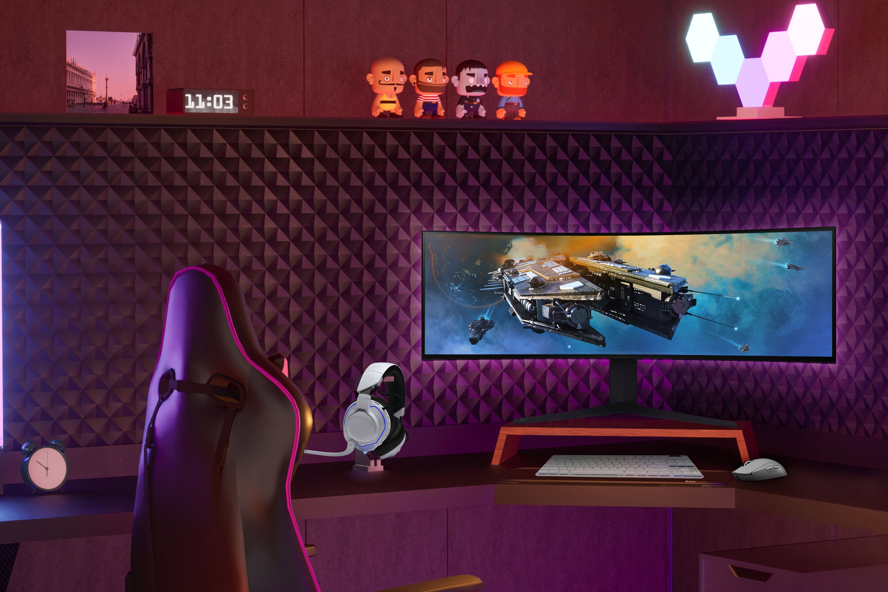 A gamer's room is illuminated by colorful lights. A computer chair, desk, speakers, monitors and few other electronics.