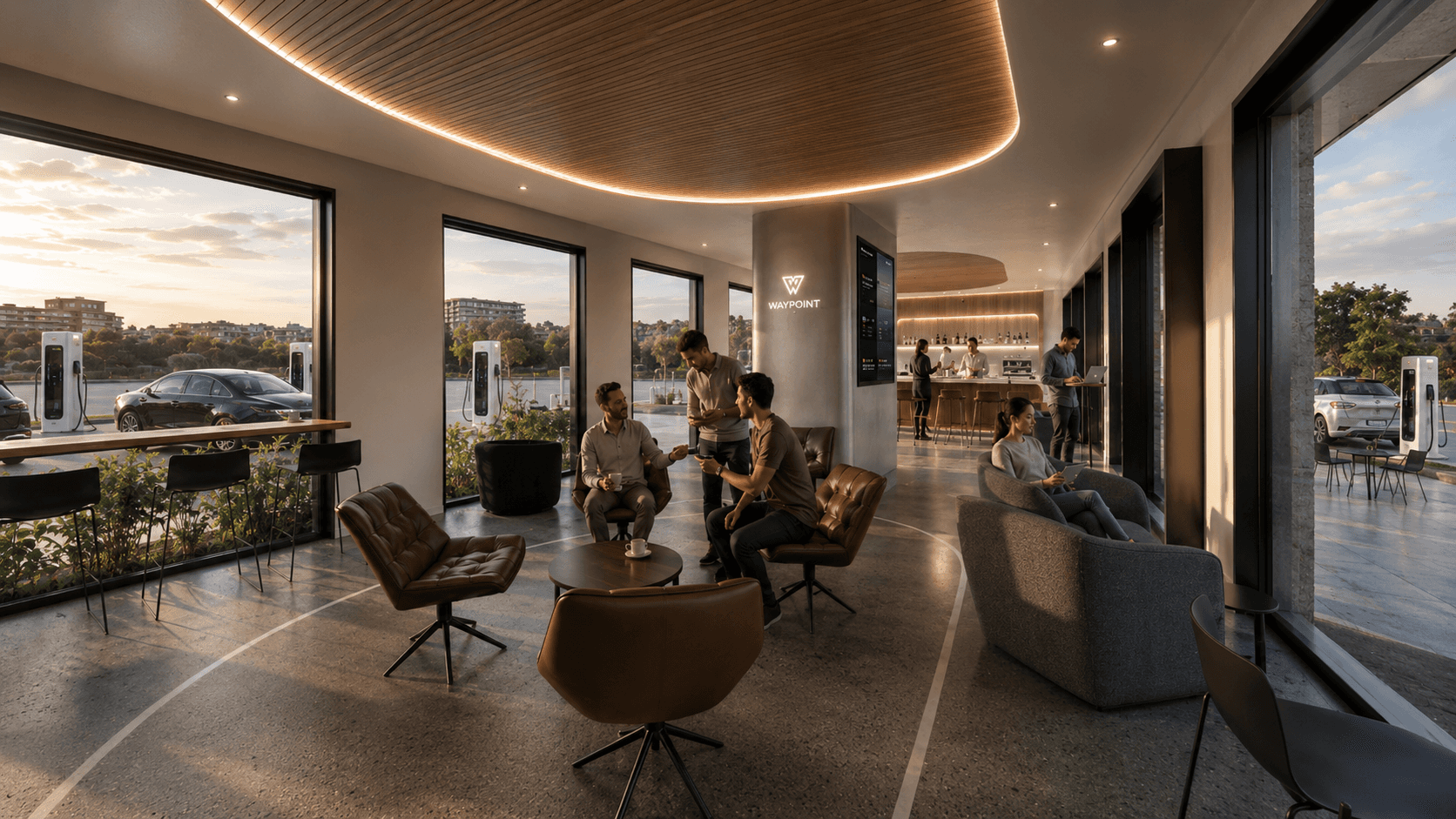 Interior WAYPOINT lounge al atardecer