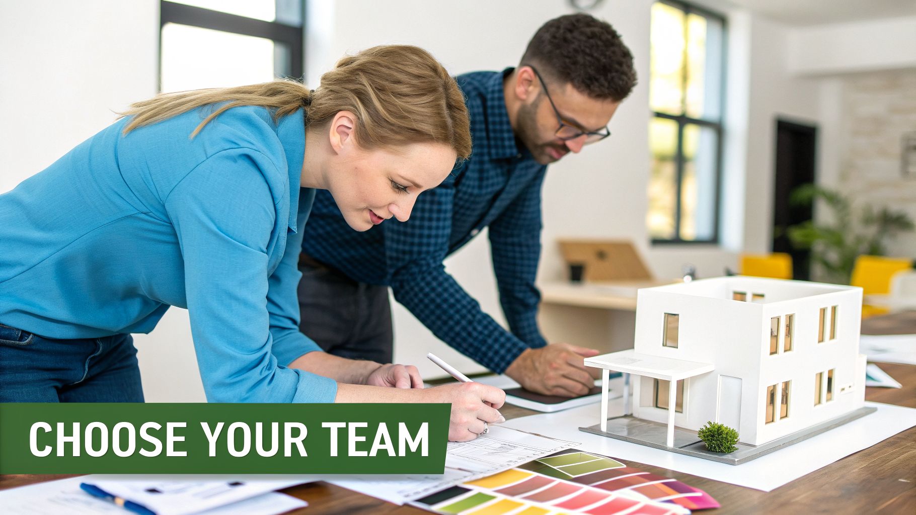 Two architects, a woman and a man, collaborate on luxury home design, reviewing blueprints and a house model.