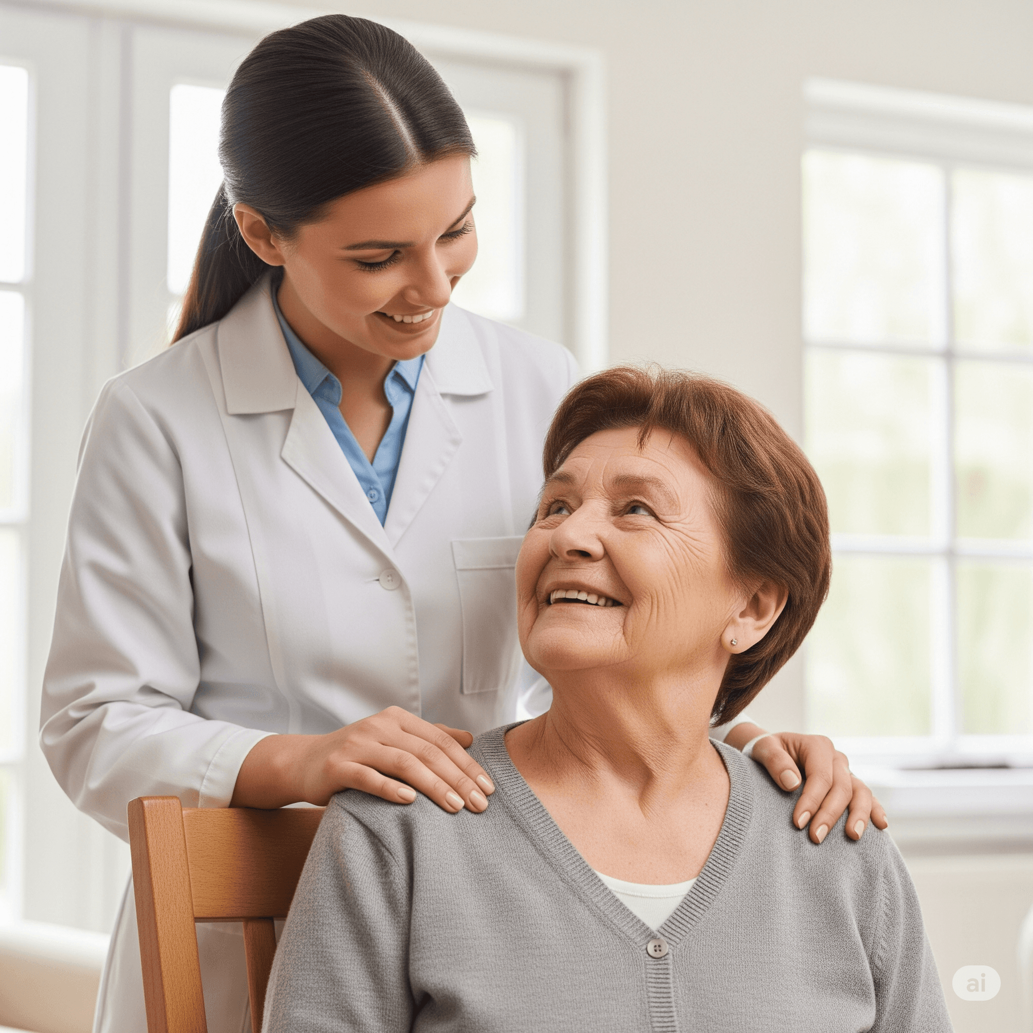 Caregiver offering support to senior woman at home