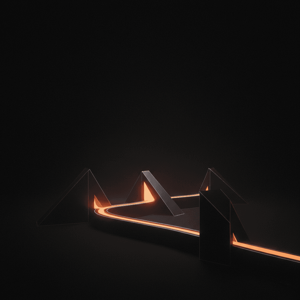 Single thread of orange light tracing a path through deep architectural shadow