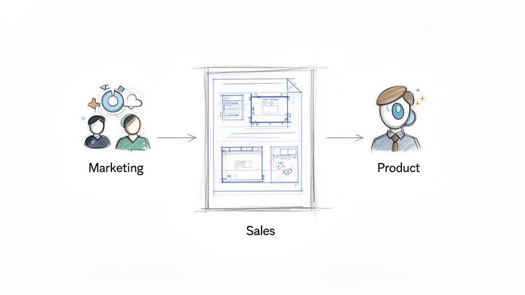 Flowchart showing marketing ideas leading to sales plans, which then inform product development.