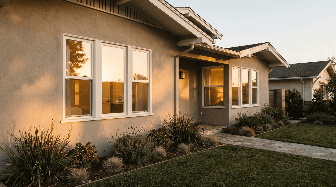 Single-story home with large exterior windows glowing at golden hour