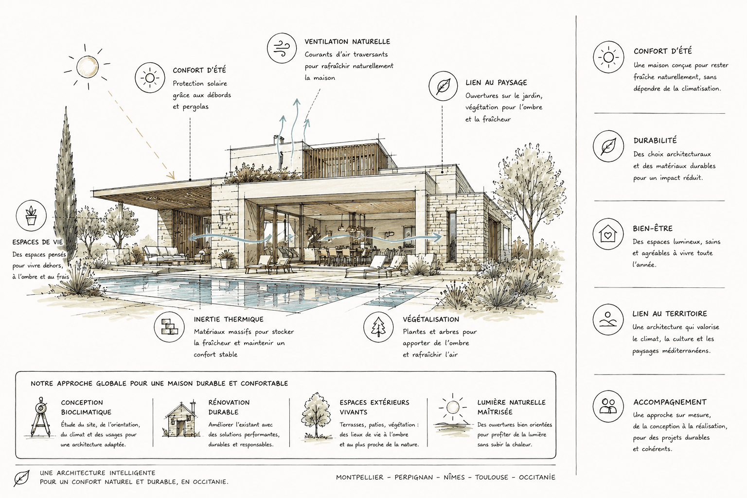 architecture bioclimatique, conception bioclimatique, architecture durable, maison méditerranéenne, villa contemporaine, construction responsable, rénovation durable, architecture passive, sobriété énergétique, performance environnementale, confort thermique passif, habitat résilient, bâtiment bas carbone, projet durable, habitat d'exception. confort d'été, protection solaire, architecture climatique, maison fraîche en été, habitat adapté au climat méditerranéen, rafraîchissement passif, confort thermique naturel, réduction de la climatisation, qualité de vie, architecture du bien-être, maison confortable toute l'année. pergola bioclimatique, pergola contemporaine, pergola sur mesure, protection solaire extérieure, ombrage architectural, filtre solaire, terrasse couverte, avancée de toiture, débord de toiture, contrôle de l'ensoleillement, architecture adaptée au sud, confort extérieur, espace ombragé. ventilation naturelle, ventilation traversante, circulation naturelle de l'air, rafraîchissement naturel, habitat respirant, qualité de l'air intérieur, architecture bioclimatique, refroidissement passif, ventilation passive, confort d'été, habitat sain, architecture climatique. inertie thermique, pierre naturelle, matériaux minéraux, régulation thermique, stockage de la fraîcheur, confort thermique toute l'année, matériaux à forte inertie, stabilité des températures, enveloppe performante, efficacité énergétique, architecture passive. piscine contemporaine, piscine paysagère, bassin de rafraîchissement, maison avec piscine, terrasse piscine, plage de piscine, espace détente extérieur, extérieur de prestige, jardin avec piscine, fraîcheur naturelle, microclimat, art de vivre méditerranéen. vie dedans dehors, continuité intérieur extérieur, relation intérieur extérieur, maison ouverte sur le jardin, grandes baies vitrées, façade vitrée, habitat lumineux, connexion avec la nature, architecture ouverte, qualité de vie, espace de réception extérieur, maison tournée vers le paysage. végétation méditerranéenne, arbres d'ombrage, jardin méditerranéen, paysage naturel, biodiversité, végétalisation, architecture végétale, intégration paysagère, îlot de fraîcheur, nature protectrice, végétation locale, cadre de vie durable. terrasse méditerranéenne, salon extérieur, bains de soleil, espace lounge, réception en extérieur, espace de convivialité, habitat ouvert sur l'extérieur, aménagement paysager, confort extérieur, art de vivre en plein air, extérieur contemporain. lumière naturelle maîtrisée, apport solaire contrôlé, confort visuel, architecture lumineuse, orientation bioclimatique, gestion des ouvertures, protection contre les surchauffes, habitat performant, qualité environnementale, conception climatique. matériaux durables, bois naturel, pierre locale, matériaux biosourcés, construction écologique, ressources locales, architecture responsable, faible impact carbone, filières locales, bâtiment durable, habitat écologique. architecte Montpellier, architecte bioclimatique Montpellier, architecte durable Montpellier, rénovation énergétique Montpellier, maison méditerranéenne Montpellier, architecte Hérault, agence d'architecture durable. architecte Nîmes, architecte bioclimatique Nîmes, rénovation énergétique Nîmes, architecture écologique Nîmes, architecte Gard. architecte Perpignan, architecte bioclimatique Perpignan, rénovation énergétique Perpignan, architecture écologique Perpignan, architecte Pyrénées-Orientales. architecte Occitanie, architecture bioclimatique Occitanie, maison méditerranéenne contemporaine, confort d'été, protection solaire, pergola bioclimatique, ventilation naturelle, inertie thermique, piscine paysagère, végétation méditerranéenne, intégration paysagère, architecture durable, habitat écologique, maison passive, réduction de la climatisation, qualité de vie, architecture et climat, projet architectural sur mesure, villa contemporaine dans le sud de la France.