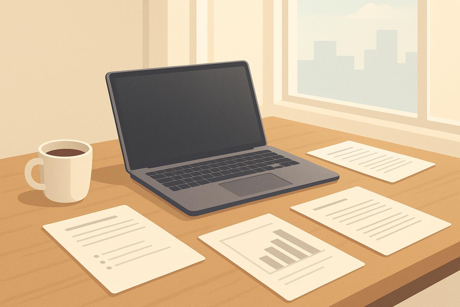 Illustration of a laptop, coffee, and business documents on a desk