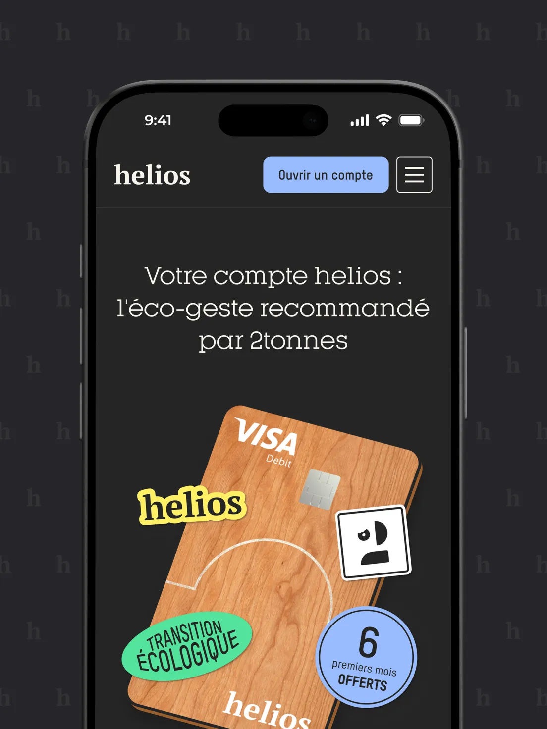 Page du site mobile Helios présentant son compte bancaire écologique