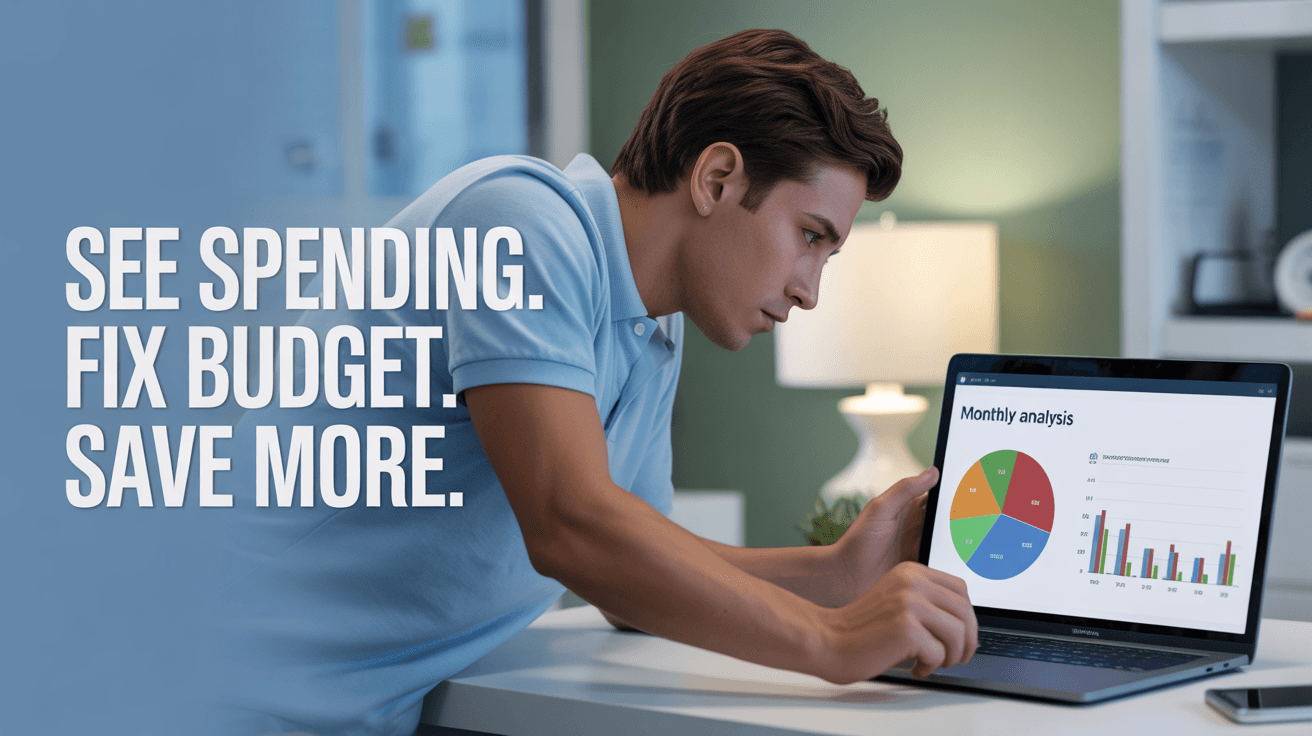 Young man reviewing monthly analysis dashboard on laptop with See Spending. Fix Budget. Save More. headline