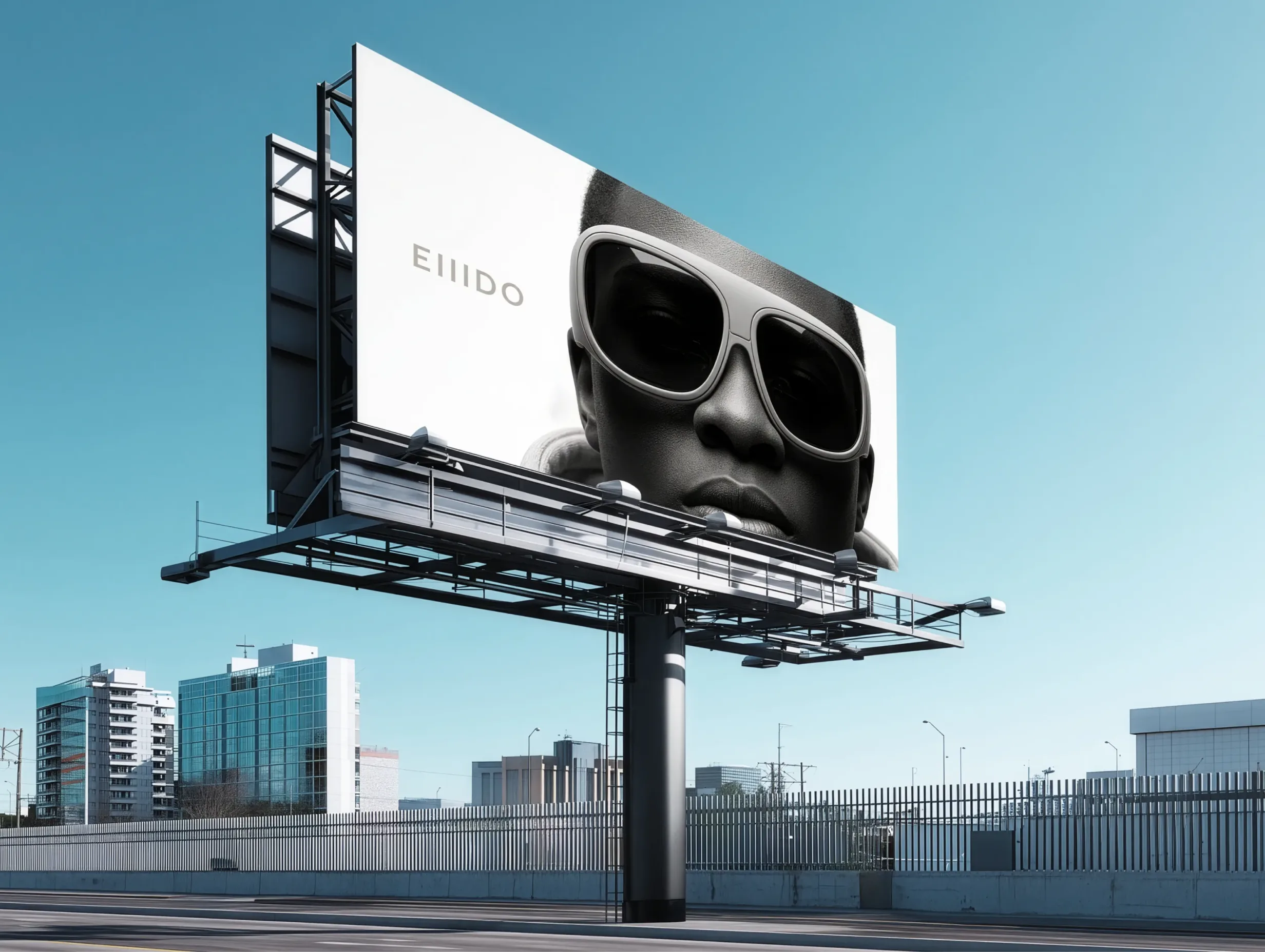 Billboard display featuring EIIIDO smart sunglasses in an urban environment