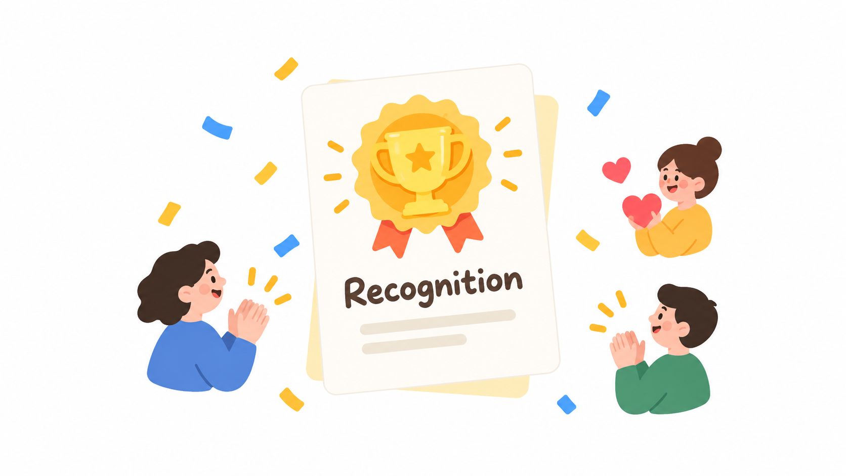 A colorful illustration featuring a recognition certificate with a trophy icon surrounded by happy team members applauding.