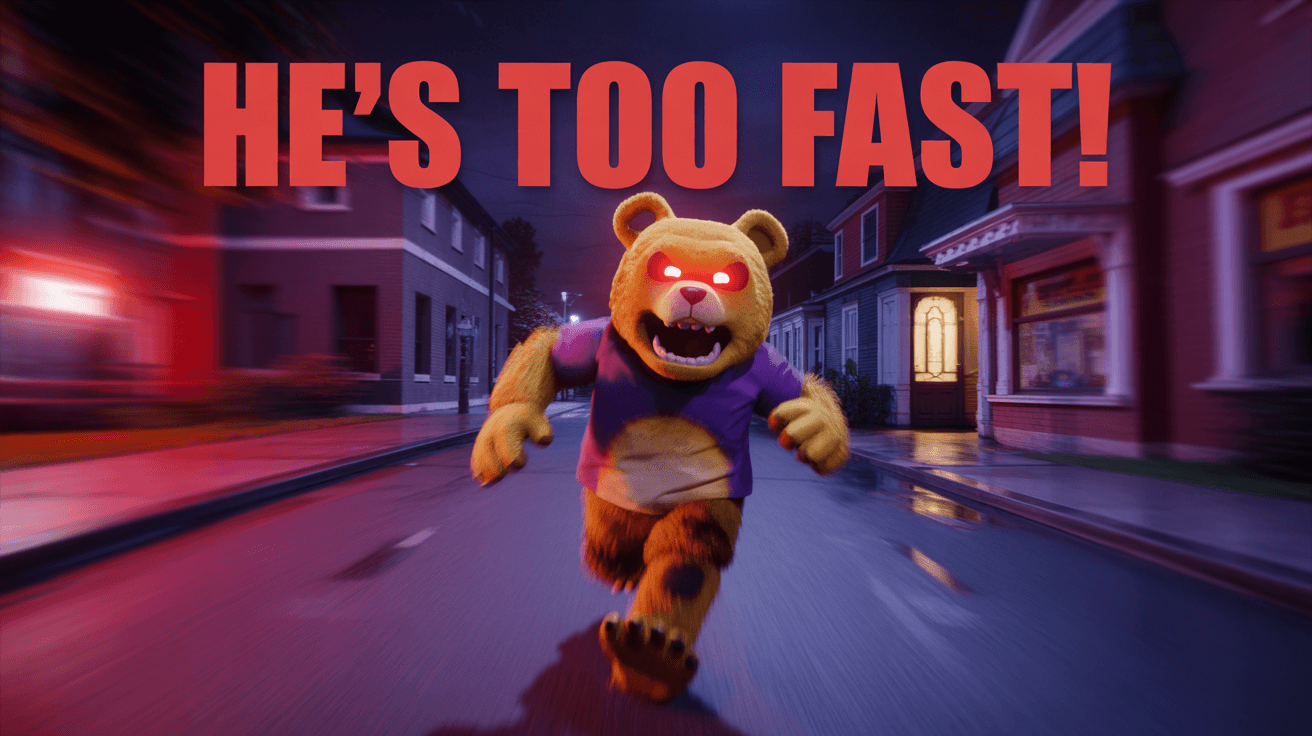 Fredbear sprinting with red eyes through blurred Hello Neighbor street under HES TOO FAST text