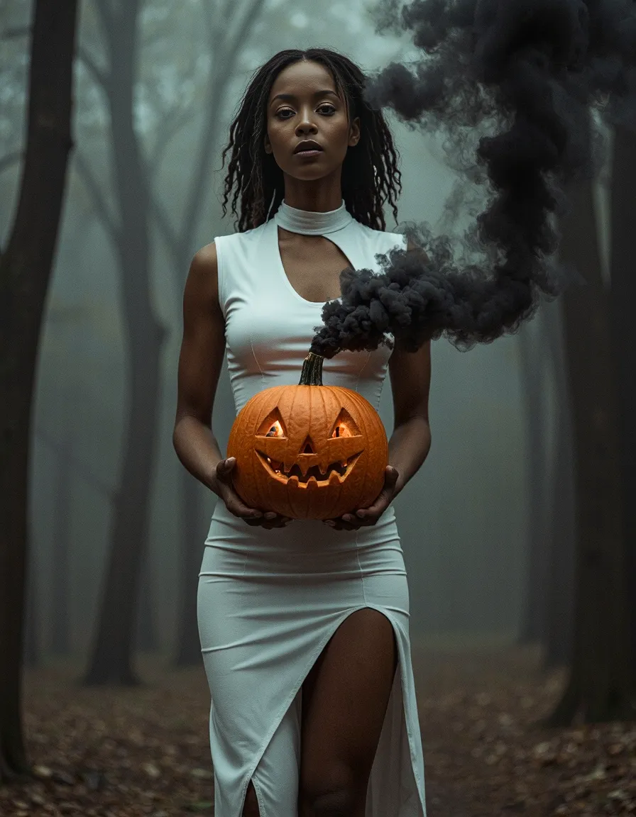 Ethereal Halloween scene with glowing jack-o'-lantern emitting black smoke in a misty forest, model in elegant white dress