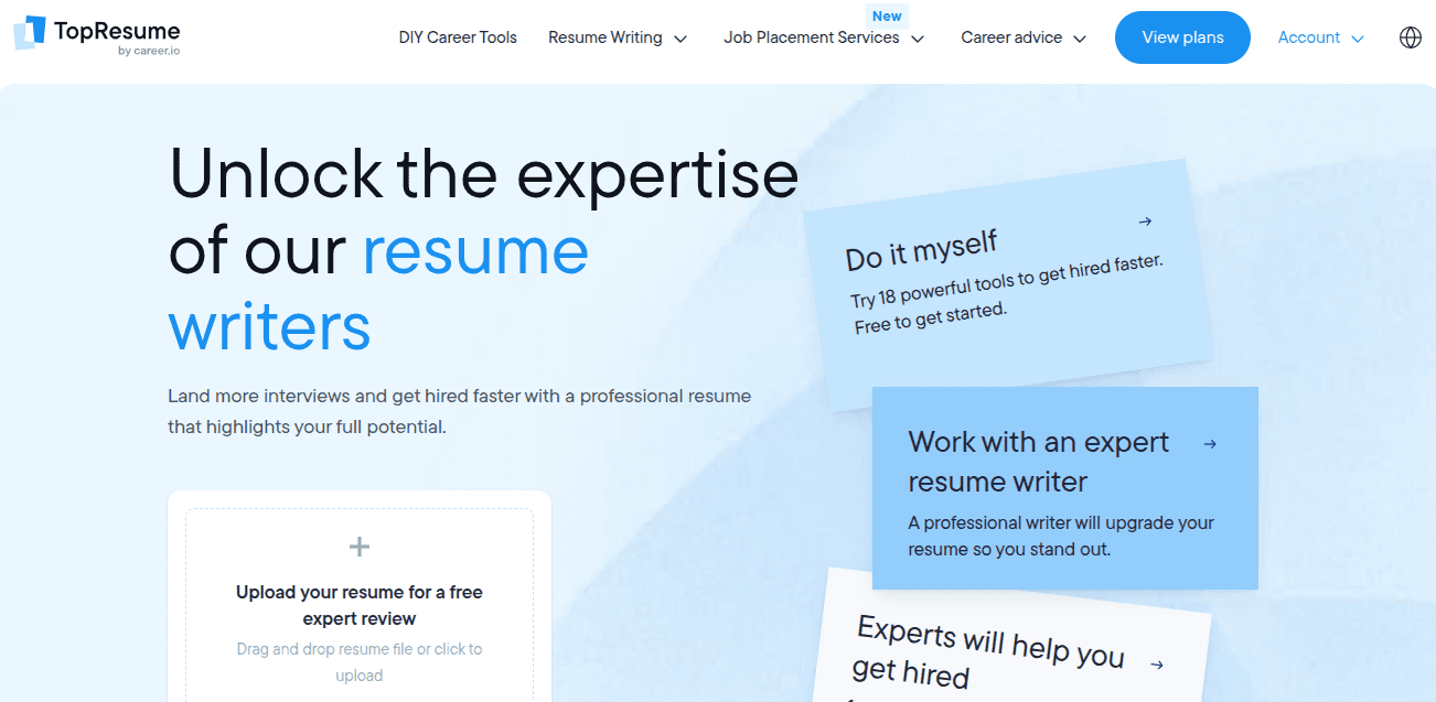 TopResume homepage promoting resume writing services 