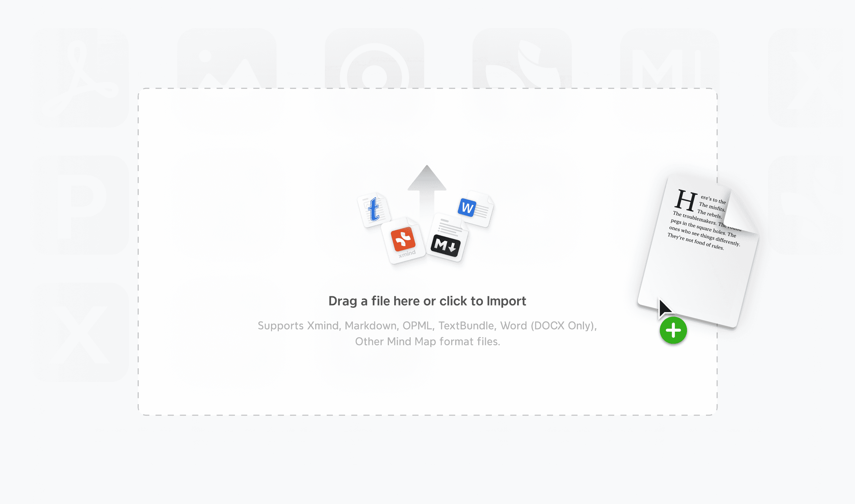 Xmind file import interface showing the drag-and-drop zone for compatible formats including Markdown, OPML, TextBundle, and Microsoft Word.