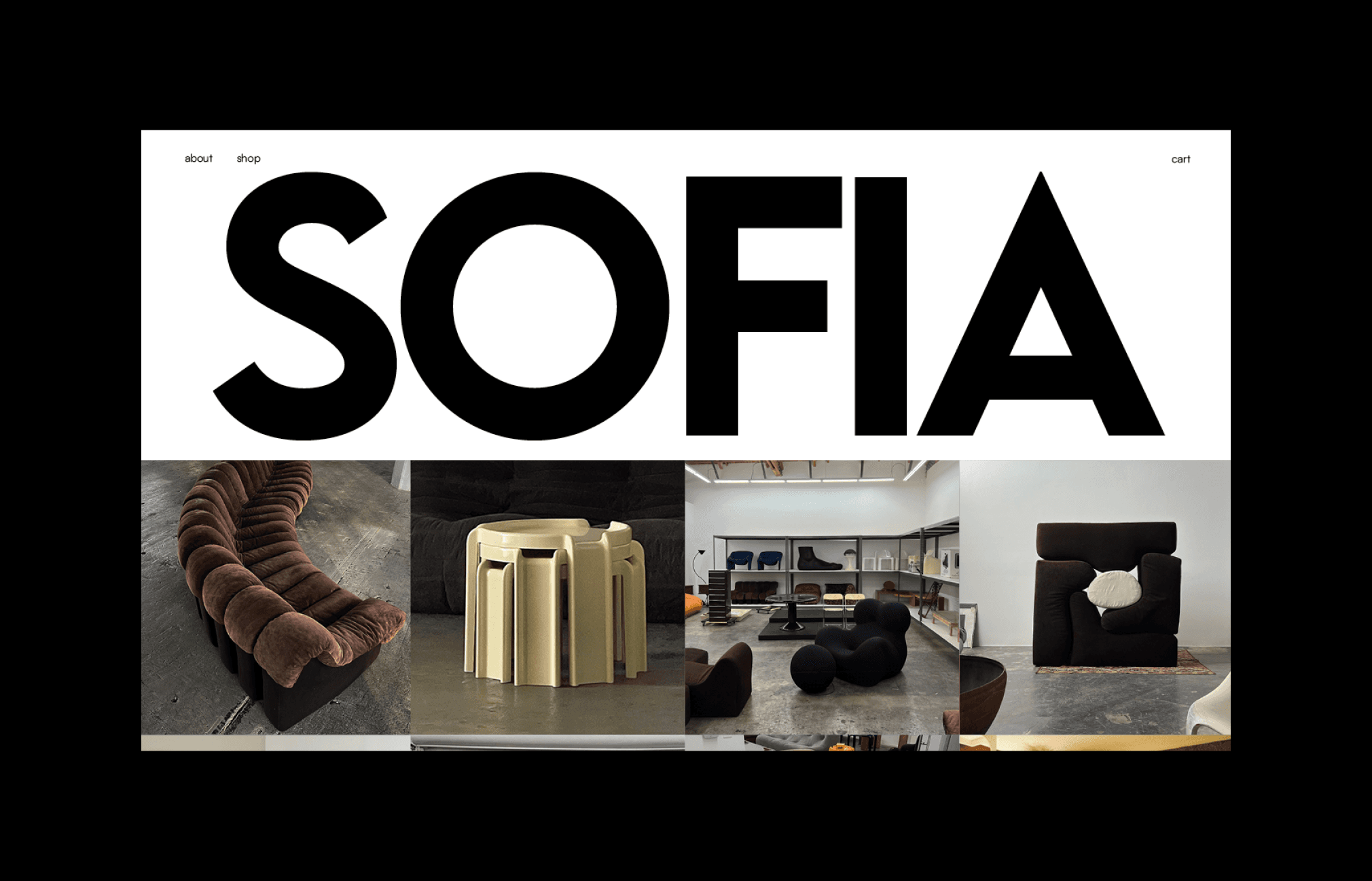 Page d'accueil du site SOFIA montrant un assortiment de meubles design, y compris des sièges et des tables dans un cadre moderne