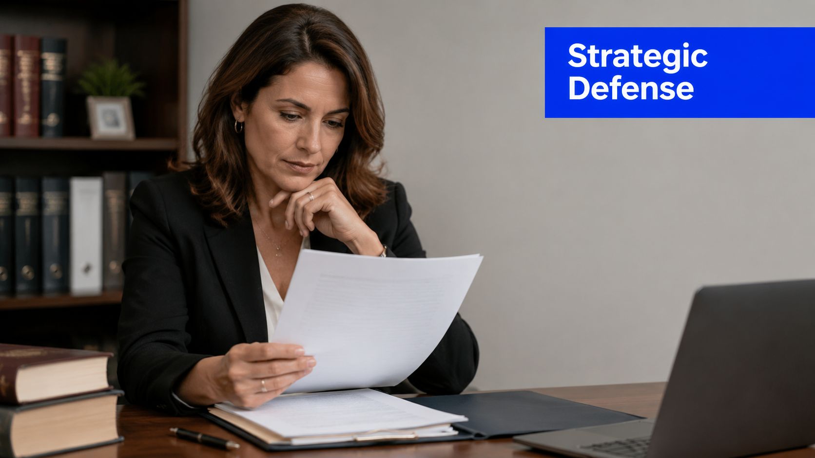A professional female attorney reviewing legal documents at her desk in a law office.