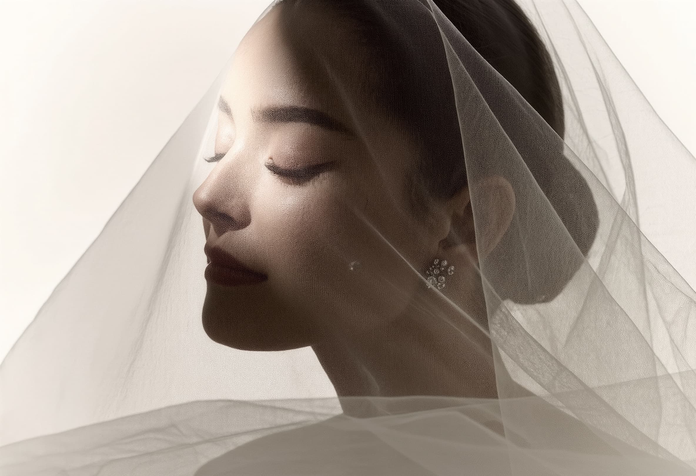 Bride in veil – soft profile portrait with eyes closed and delicate veil detail