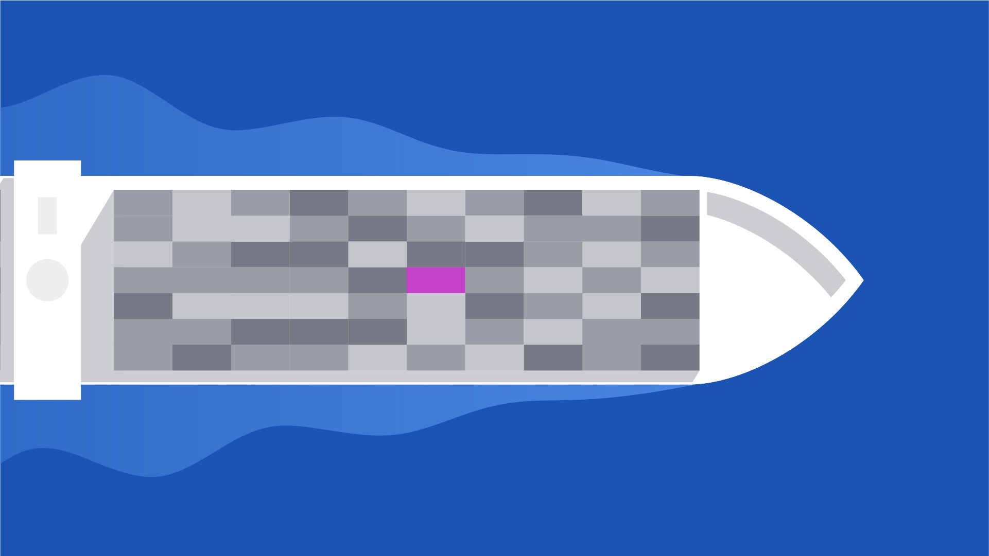 Illustrated top down view of a cargo ship simplified.