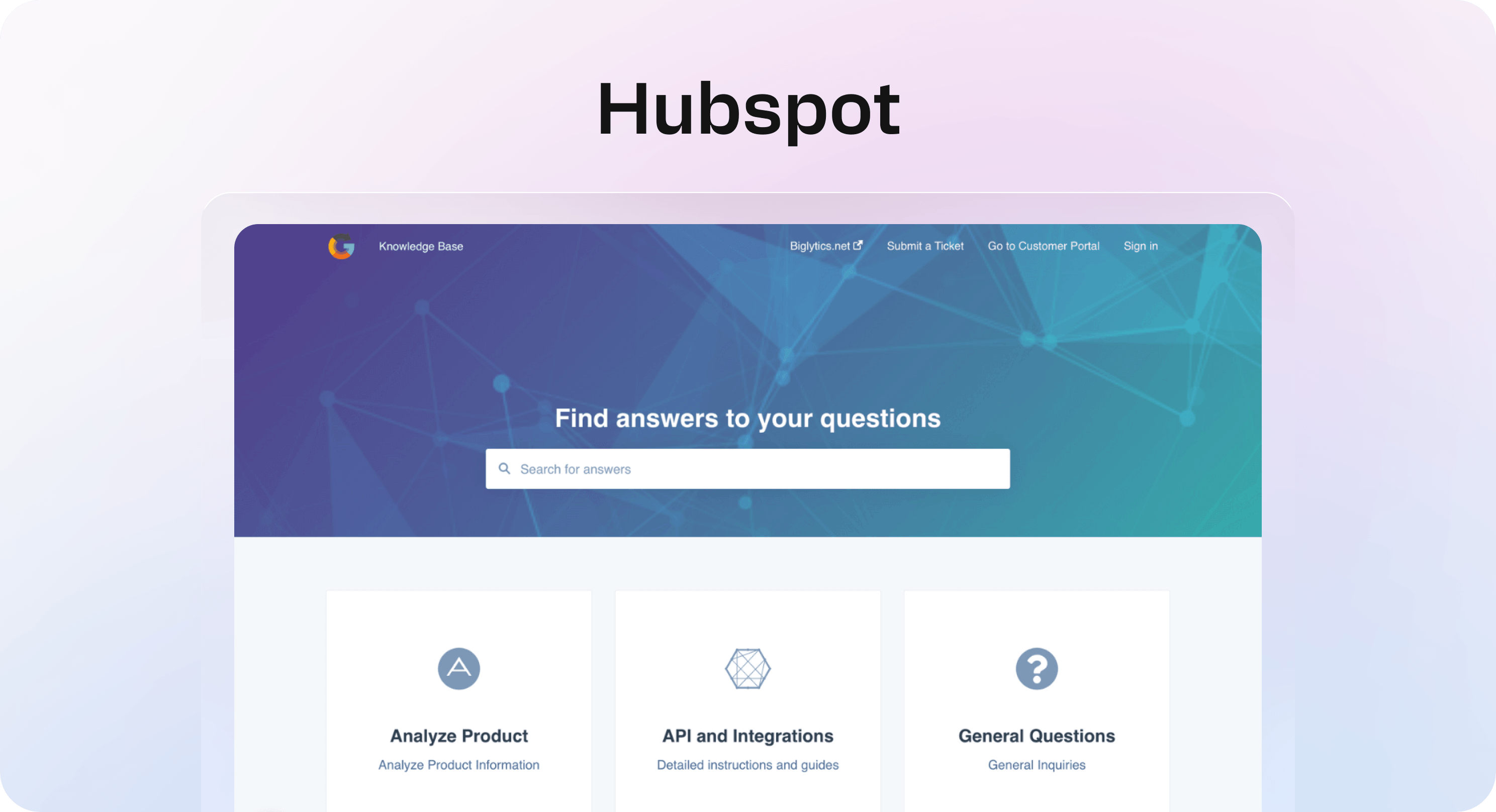 HubSpot knowledge base example with search bar and support category cards