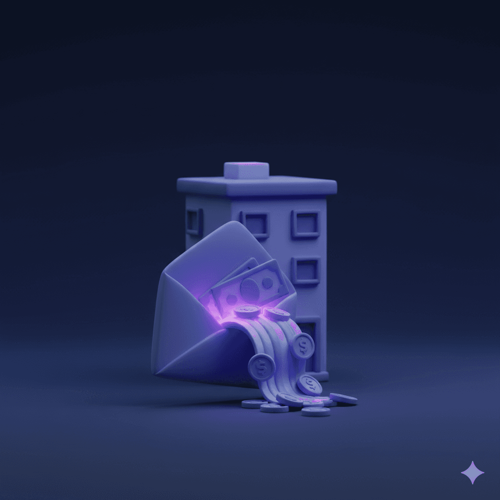 Glowing purple envelope with coins floating out against a dark navy background, representing a wrongfully withheld security deposit and tenant rights