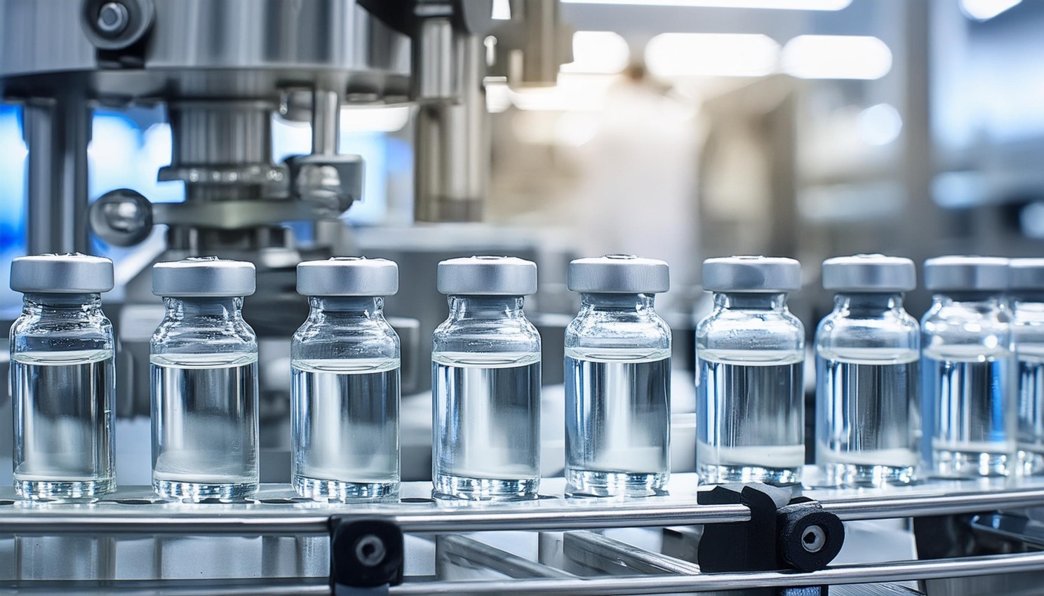 Glass vials on pharmaceutical manufacturing line in GMP compliant facility