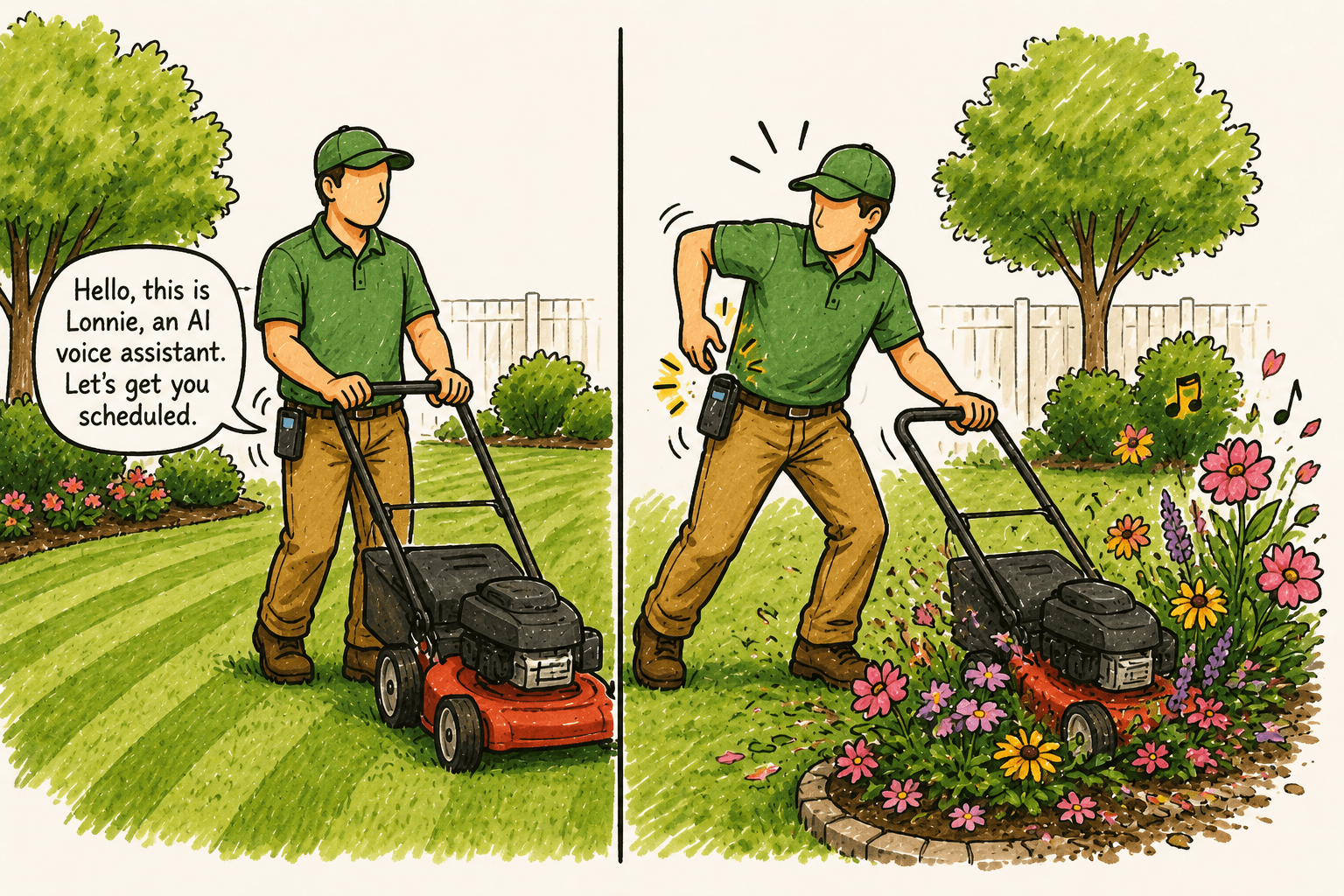 Split-screen illustration of a lawncare worker mowing a customer's lawn. In the top panel, an AI voice assistant handles a call so the worker stays focused and the flower bed remains safe. In the bottom panel, a ringing phone distracts the worker and the mower runs into the flower bed.