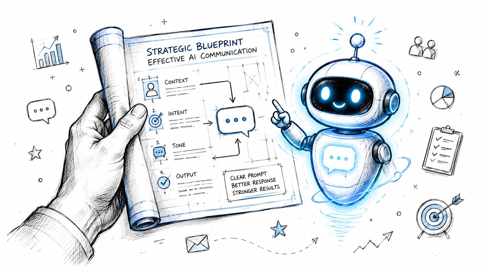 A hand holding a blueprint with an AI chatbot illustration demonstrating the steps for effective AI communication.