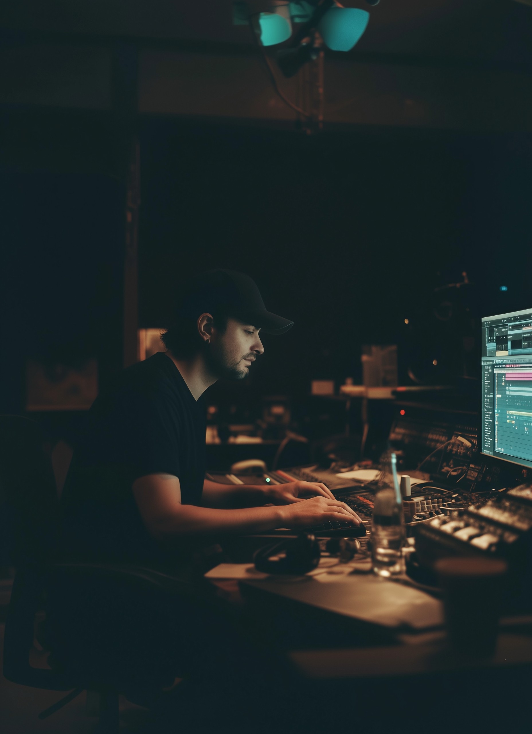 Adrian Klein working in a dimly lit studio at a mixing desk, focused on sound editing software.