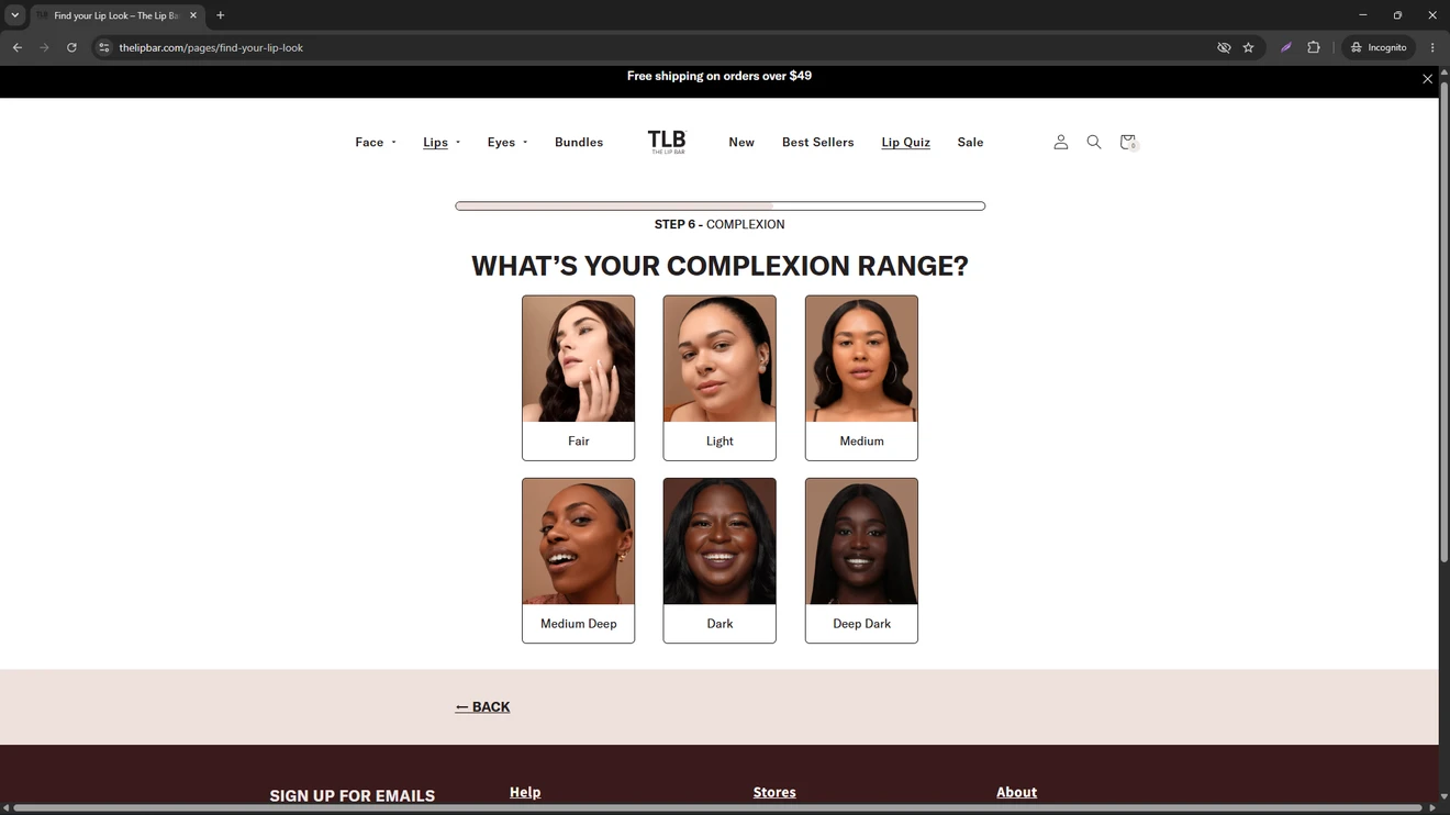The Lip Bar product quiz for collecting lip preferences before showing personalized product recommendations