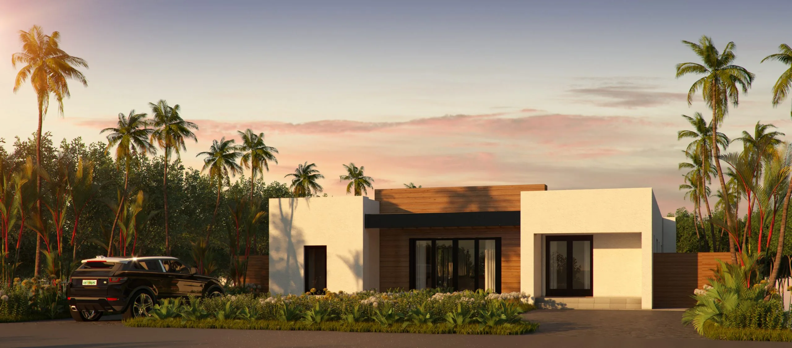 3D rendering of modern residential home with wood cladding facade and flat roof on SW 26th Road Miami
