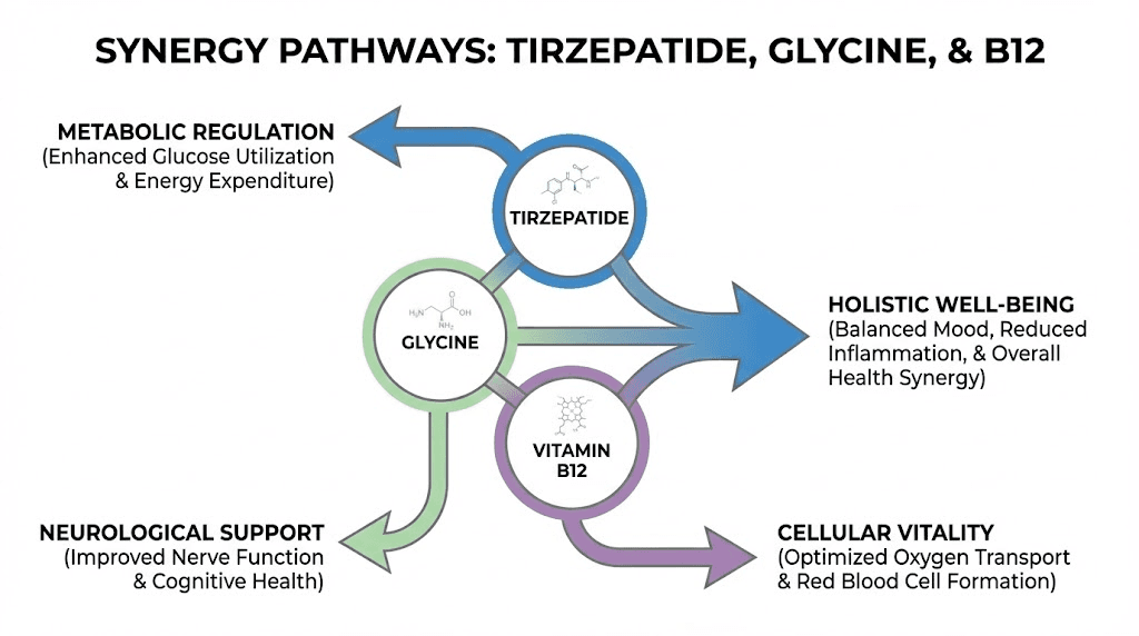 Four synergistic pathways of tirzepatide glycine B12 compound formulation
