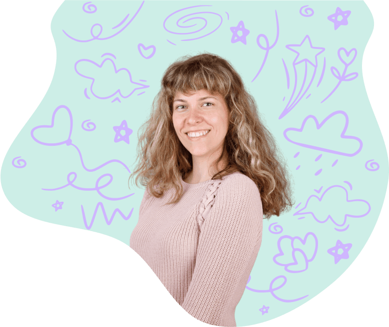 Portrait von Jessica Bode mit rosanen Doodles auf mintfarbigen Hintergrund