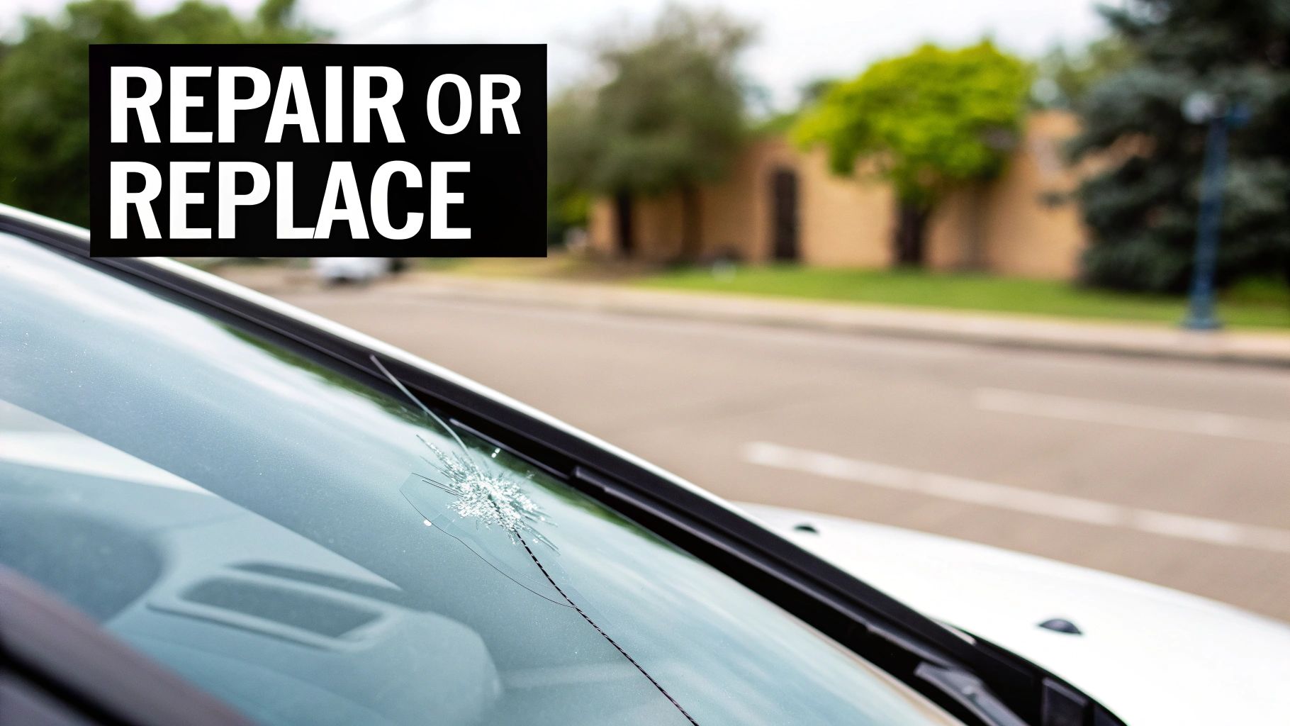 Cracked windshield with repair or replace text overlay on residential street background
