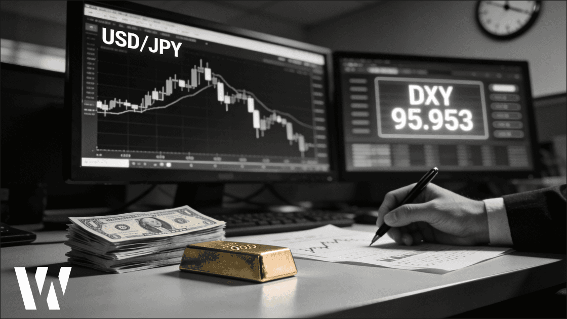 Trading desk photo with monitors showing USD/JPY plunging candlestick chart and “DXY 95.953”, plus gold bar, US dollar banknotes, a hand with pen over notes, and a blurred wall clock.