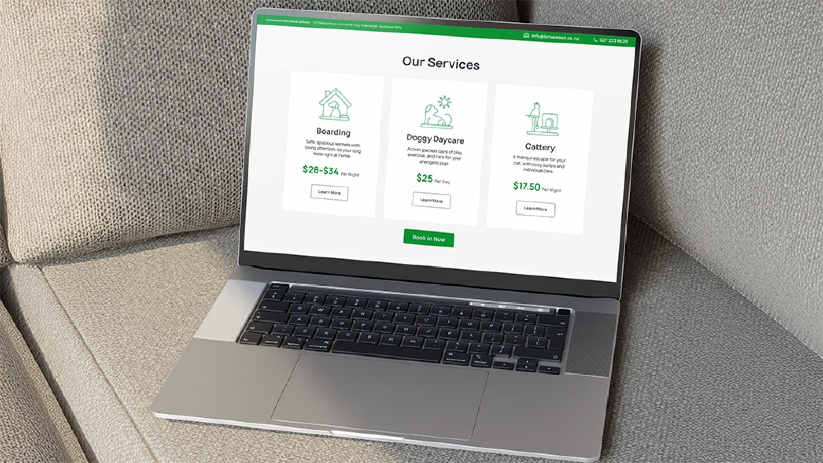 Lornewood’s services page displayed on a laptop.