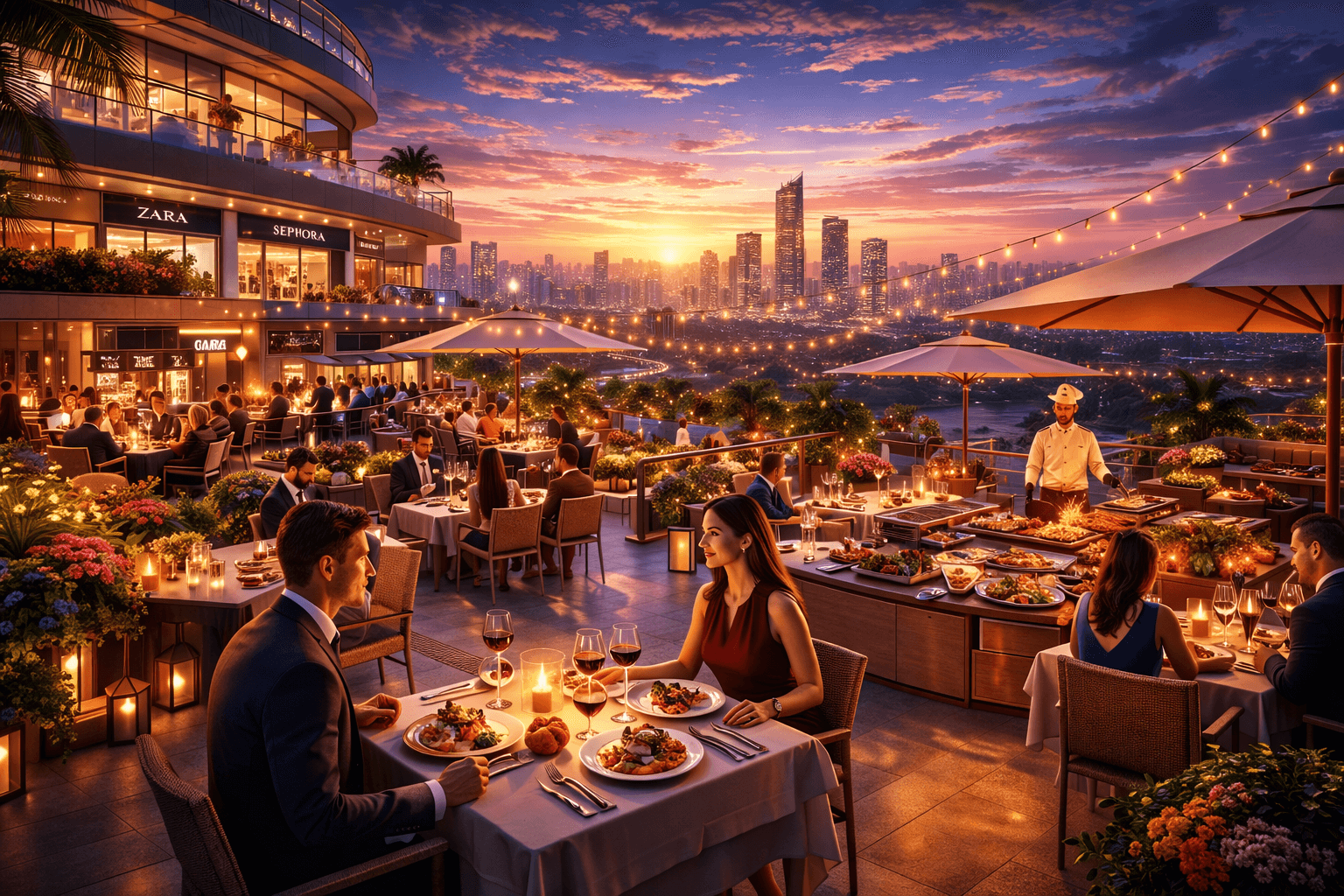 Stylized crossed fork and knife icon over a blurred background for fine dining spaces in Gurugram's retail hub