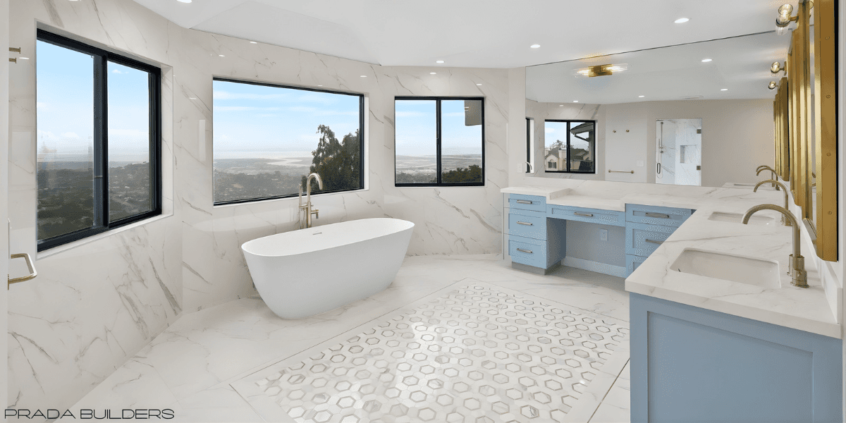 Prada Builders Group logo showcasing a modern, high-end bathroom design, emphasizing quality craftsmanship and client-focused residential construction.