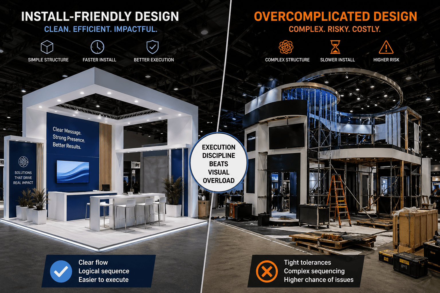 Split comparison of an install-friendly trade show booth and an overcomplicated booth structure, showing how cleaner design improves execution and setup control