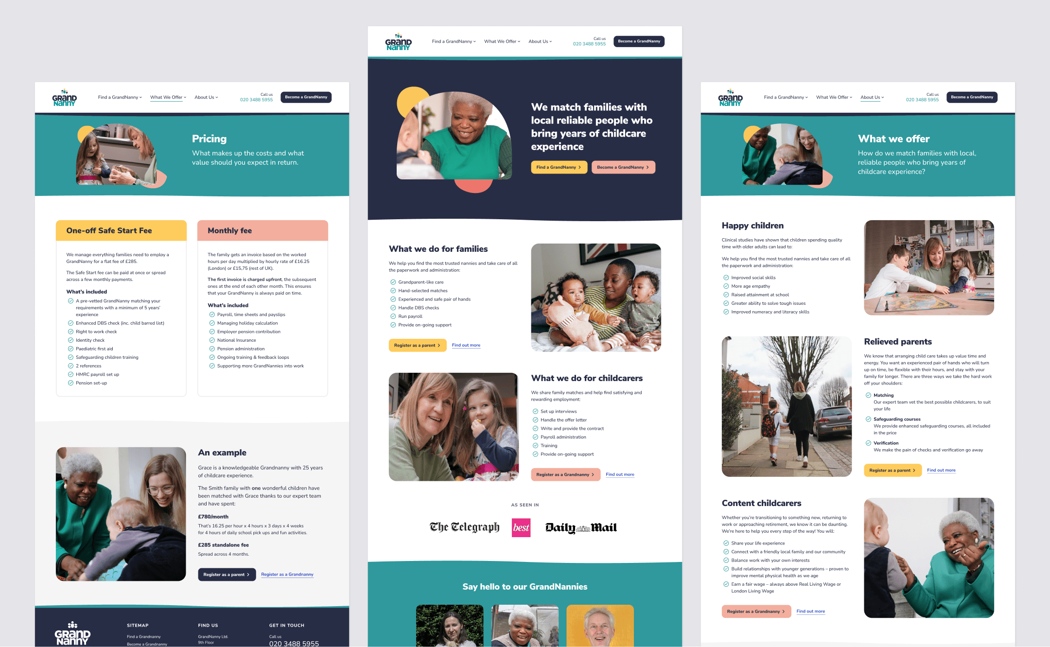 Designs for the Pricing, Home and What We Offer pages of the website