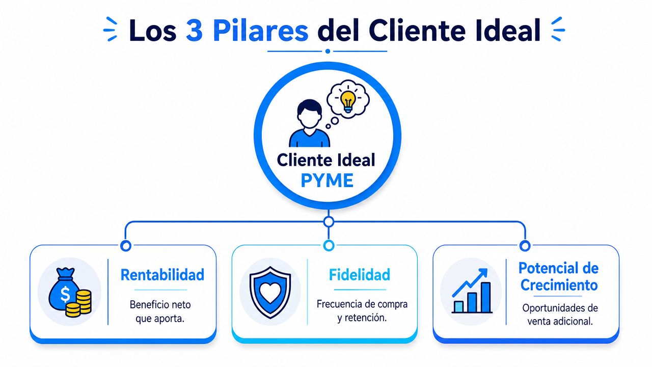 Diagrama que muestra los tres pilares del cliente ideal PYME: rentabilidad, fidelidad y potencial de crecimiento.
