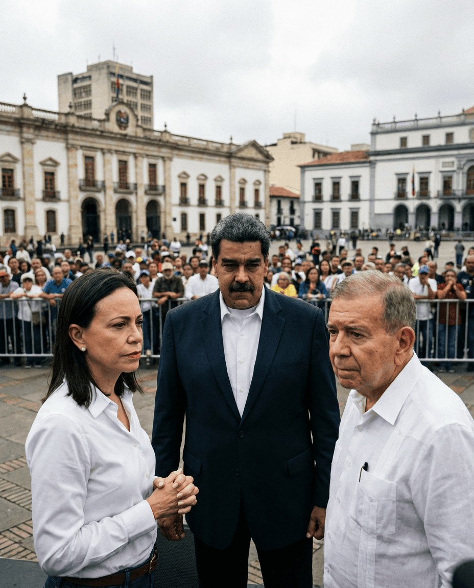 María Corina Machado, Nicolás Maduro, and Edmundo González in a tense political setting.